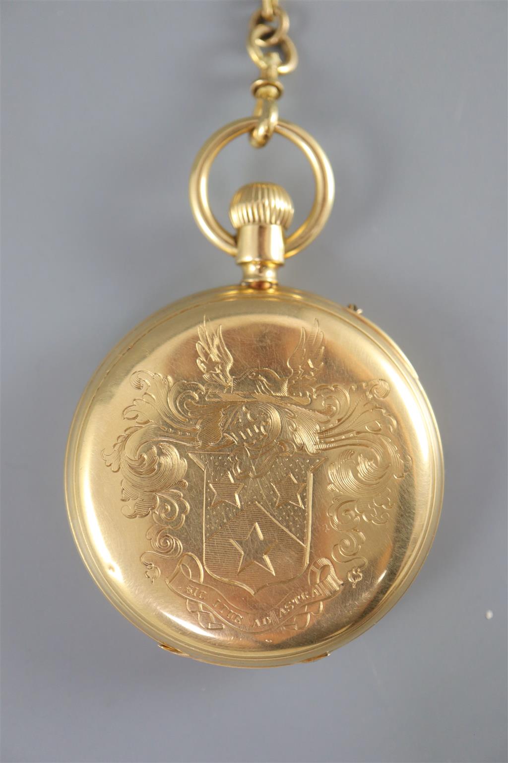A Victorian 18ct gold open face keyless pocket watch by Mme Lind? 255 Oxford Circus Regent St.